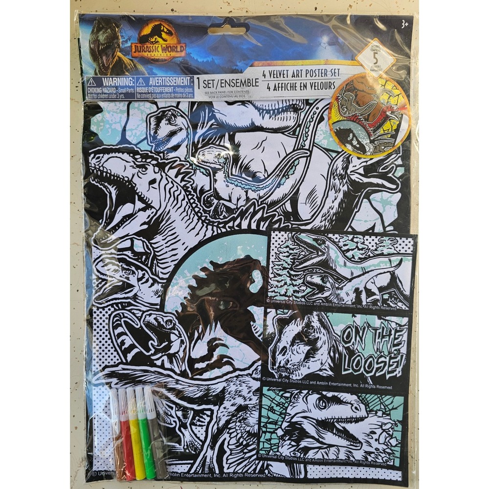Jurassic World Velvet Art Poster Set 4 Posters Coloring Activity Kit